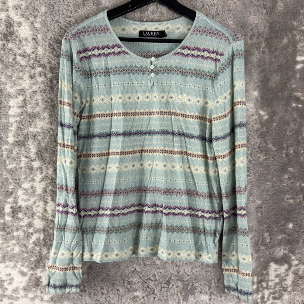 Luaren Ralph Lauren Sz M Black Label Fair Isle Henley Pajama Set Top Bottom Blue